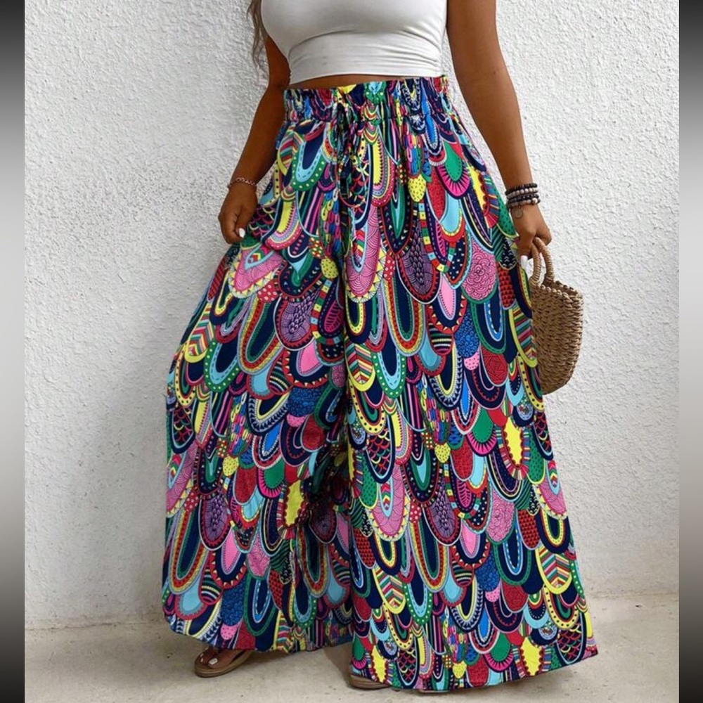 Boho Plus Size Vibrant Color Abstract Geo Print High Waist Wide Leg Pants